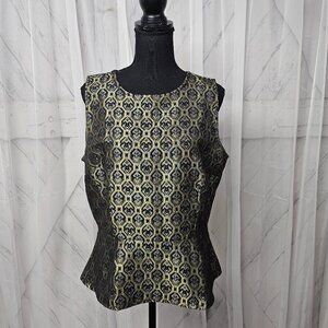 Worthington Black Gold Brocade Zip Peplum Boho Tank Sleeveless Blouse Size L